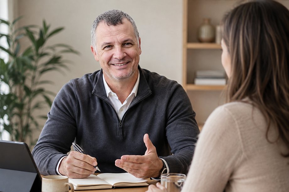 Daniel talking with a client across a table, notebook open in front of him