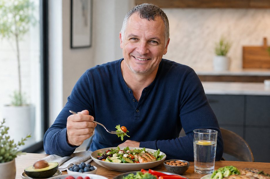Daniel at a kitchen table with a plate of salad, grilled chicken, vegetables and berries