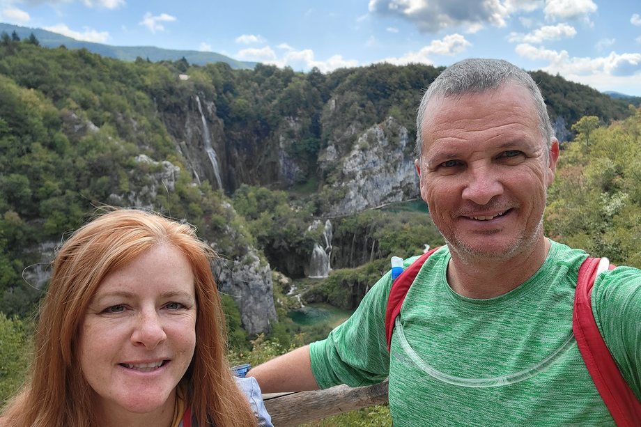 Daniel and his wife Sheri at a viewpoint above the waterfalls and lakes of Plitvice