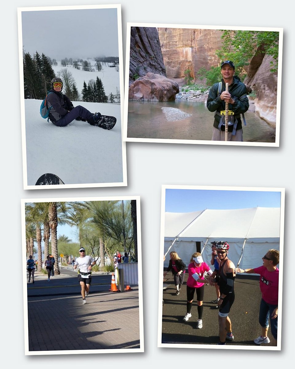 A collage of Daniel snowboarding, hiking a canyon, running and finishing a triathlon