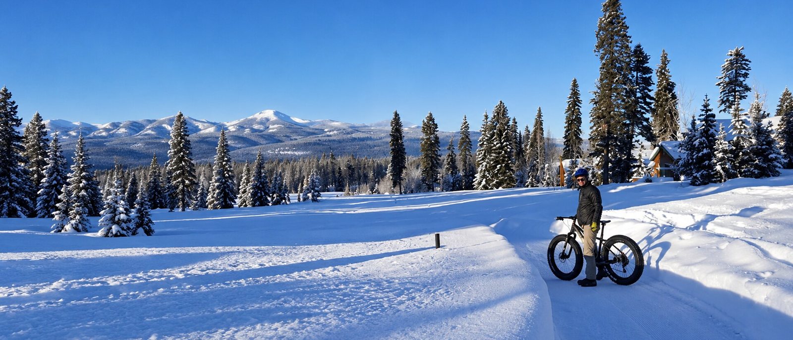 A cyclist on a fat-tire bike on a groomed snow trail below snow-covered mountains